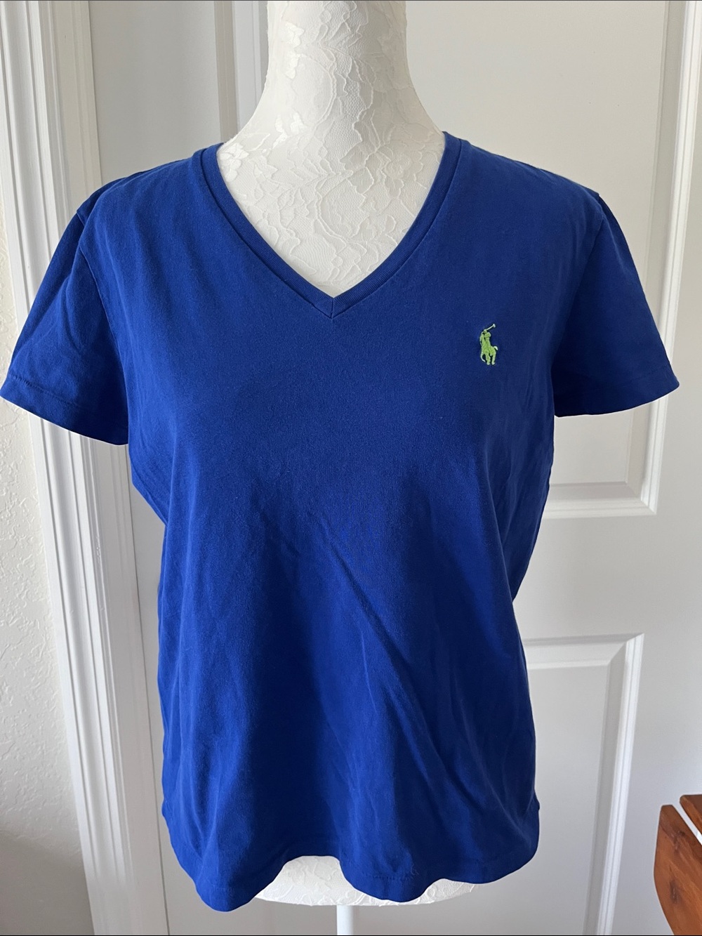 Ralph Lauren VTG V-Neck T-Shirt in Royal Bright Blue with Lime Pony SZ M/L*